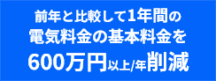 前年と比較して1年間の電気料金の基本料金を600万円以上/年削減